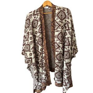 D& Co Cardigan Shawl Poncho Sweater Women's PLUS Open Front Brown Knit Aztec PKT